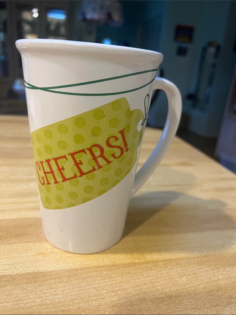 #3378**CHEERS! White Ceramic Coffee Mug with Green and Red Accent